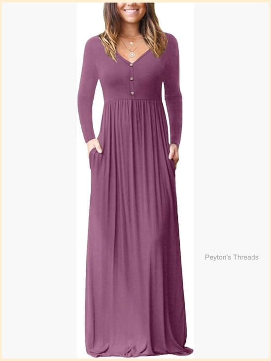 Dresses & Skirts - Long Sleeve V Neck Button Maxi Dress with Pockets
